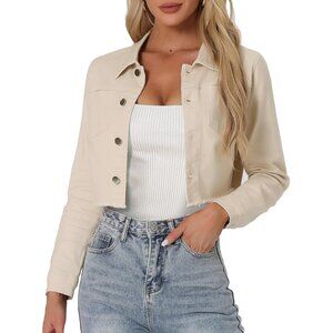Women's Cropped Denim Jacket Long Sleeve Button Up Fall Casual Spring